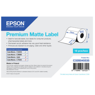 Etichette opache premium Epson - Rotolo fustellato: 76 mm x 127 mm, 265 etichette